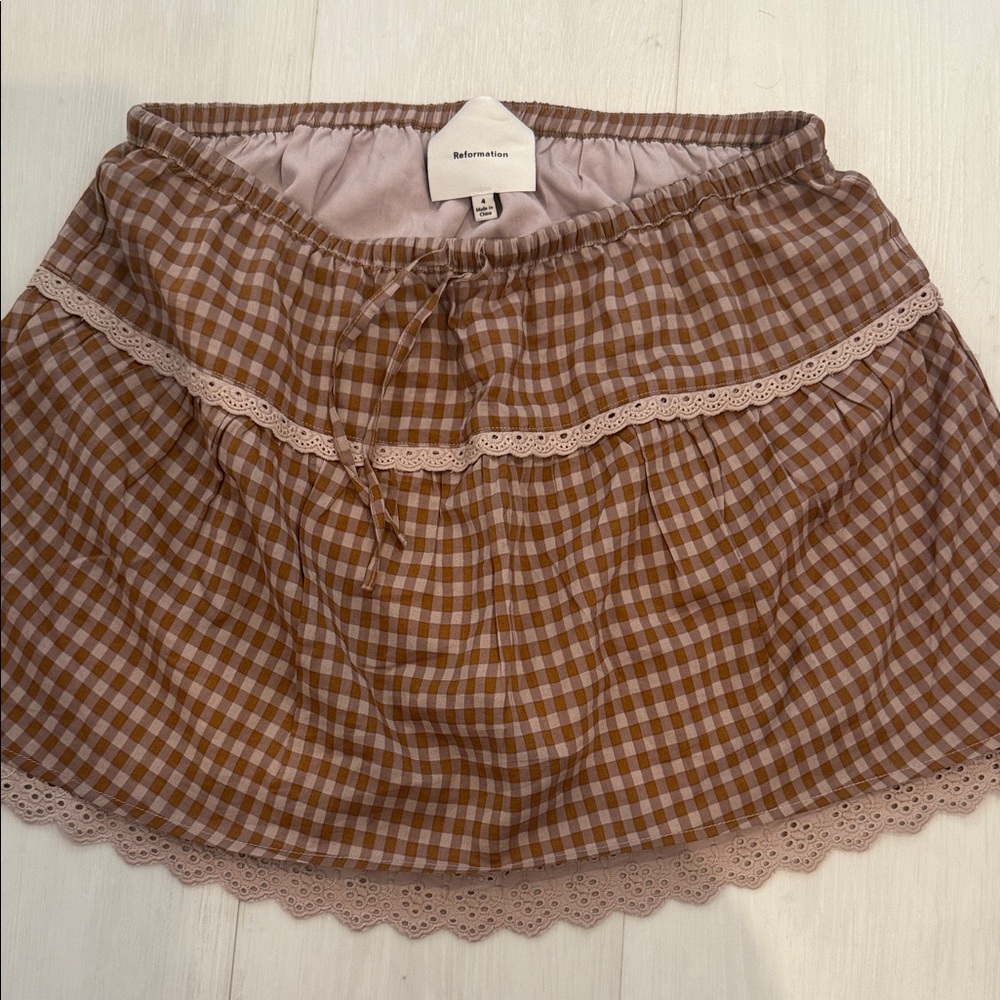 Reformation Brown Gingham Mini Skirt with Lace